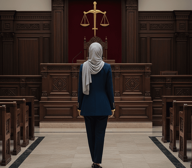 صورة رمزية لمحامية أمام منصة العدالة